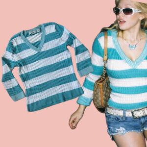 Y2K Aqua & White Striped Cotton Knit Sweater – Ribbed V-Neck Petite